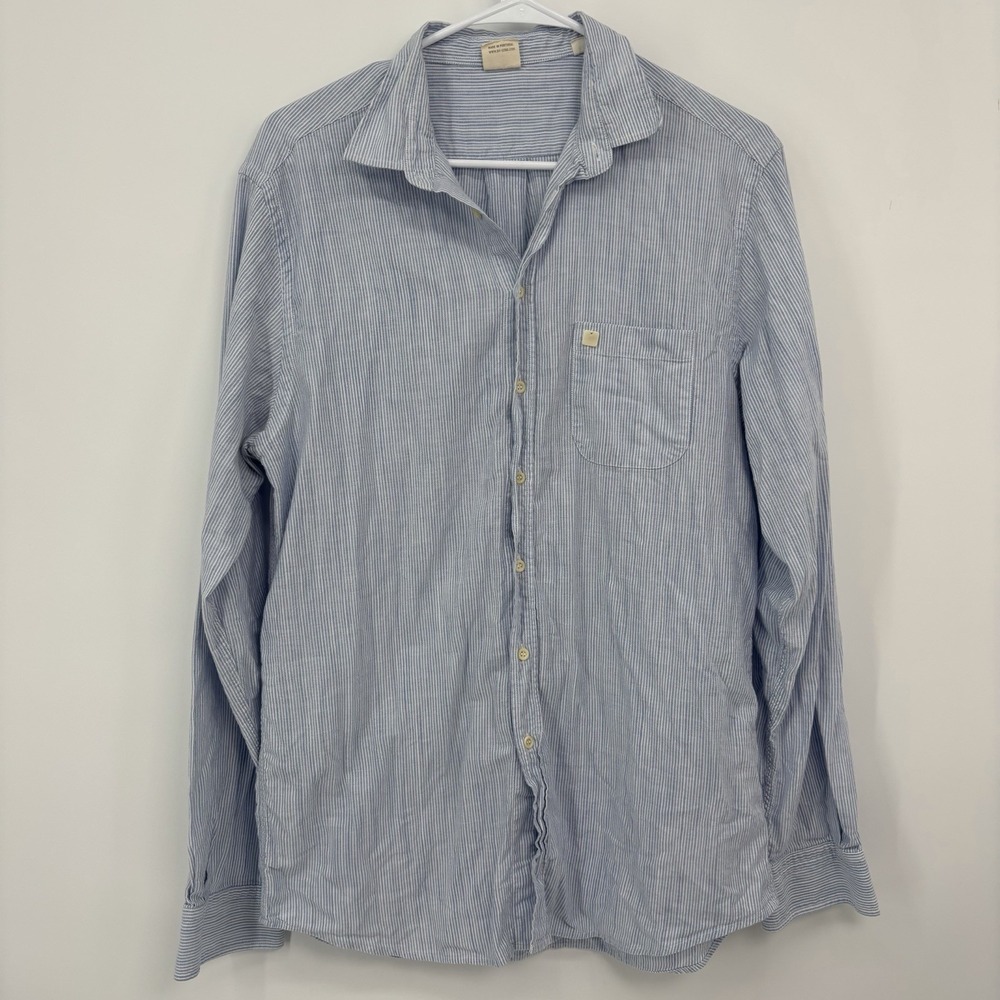 Stro Blue White Striped 100% Organic Cotton Button Up Shirt Women's Large